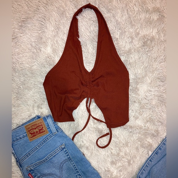 Burnt Orange Halter Drawstring Crop Top - Picture 4 of 5
